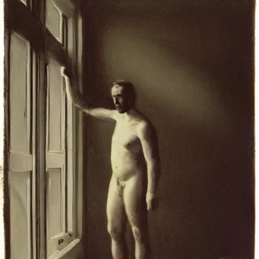 Prompt: person in pyjamas standing near window, sun rays, daylight, french door window, 2 4 mm, anamorph lenses, photorealistic, high ceiling, painting by thomas eakins