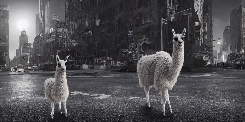 Image similar to a llama walking through a desolate manhattan city street at night, statue of liberty seen in the background, realistic 4 k octane beautifully detailed render, 4 k post - processing, highly detailed, detailed face, intricate complexity, epic composition, magical atmosphere, cinematic lighting, masterpiece, color picture, ultra hd