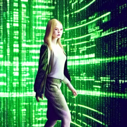 Prompt: Elle Fanning hacking a computer, matrix style, dramatic green lighting, oil painting