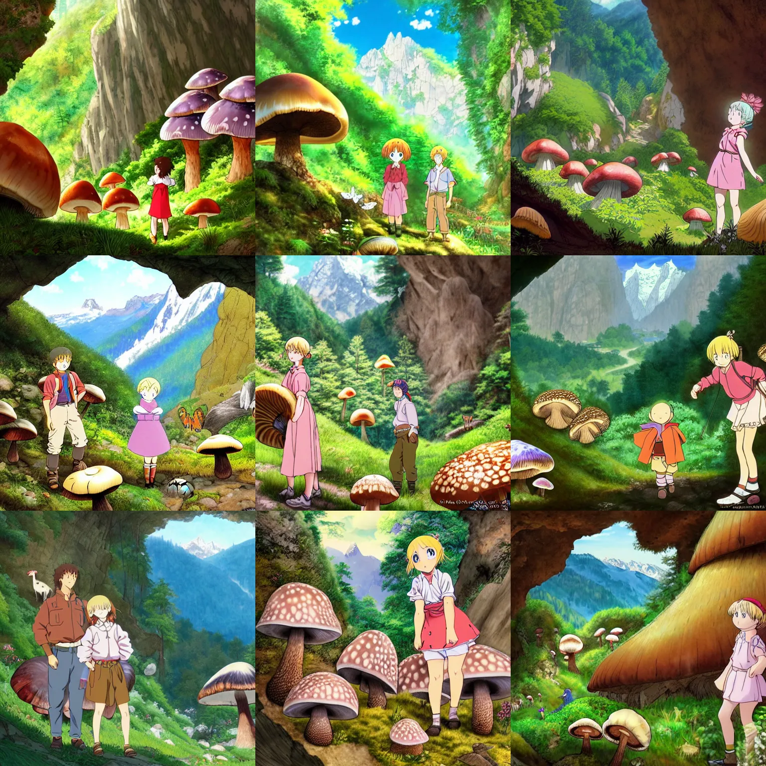 Prompt: heidi, girl of the alps, and peter and the goat, discovering giant mushrooms in a cave in the alps with a beautiful forest in the background and butterflies and birds and flowers, by hayao myazagi, anime still, very detailed, low light, cute, cozy, nature