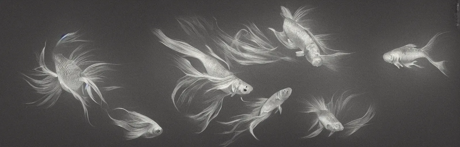 Image similar to An aesthetically pleasing, dynamic, energetic, lively, well-designed digital art of goldfish in a pond viewed from underwater, light and shadow, chiaroscuro, by Ohara Koson, superior quality, masterpiece, excellent use of negative space. 8K, superior detail, widescreen.