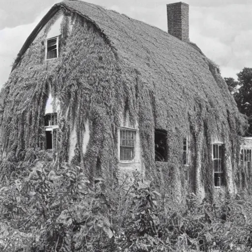 Image similar to kudzu vines wrapping around an old farmhouse, American west, surrealism