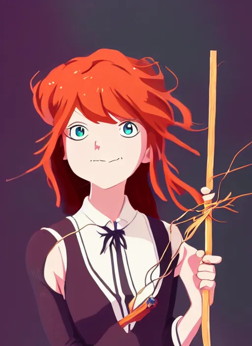 Image similar to redhead holding witch wand, advertising photoshoot, magic school academia, by studio ghibli, elegant, beautiful, digital art, trending on artstation, highly detailed, illustration, concept art, masterpiece