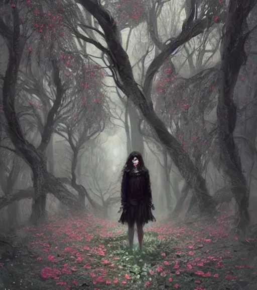 Prompt: a beautiful terrifying but sad spiders and fly female portrait black eyes twisted trees, crying tears, bloom made of flowers. ethereal horror fantasy art by greg rutkowski and raymond swanland and monet