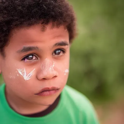 Prompt: A sharp photograph of a wholesome biracial boy, with snot smudged below his nose