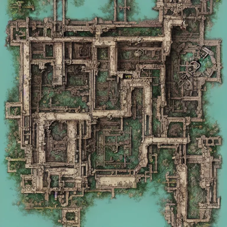 Image similar to full - color fantasy floor plan map of a ruined temple, by greg rutkowski and james gurney, trending on artstation