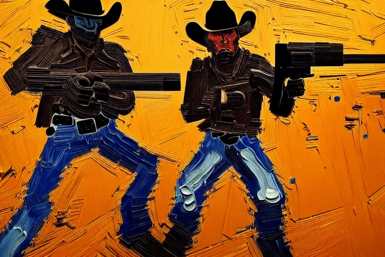 Prompt: an extremely detailed masterpiece painting of a cowboy gunslinger facing off a professional gunslinger from a low angle in tucson, in the style of frank auerbach, epic scene, tensive mood