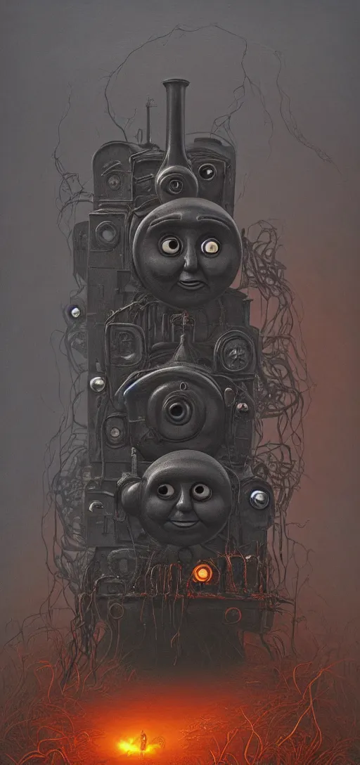 Image similar to thomas the tank engine in style of zdzisław beksinski, extremely dramatic lighting, 8 k, tendrils, black, darkness, black slime tendrils, infected, rust, body horror, thomas the train, thomas the tank engine face, horror,