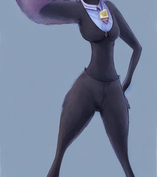 Image similar to oil painting of full body of anthromorphic female wolf, in style of zootopia, zootopia, zootopia, fursona, furry, furaffinity, 4 k, deviantart, furry art, fursona art, wearing black business suit, business suit, in style of zootopia, wolf fursona, cyberpunk, female, expressive detailed feminine face,