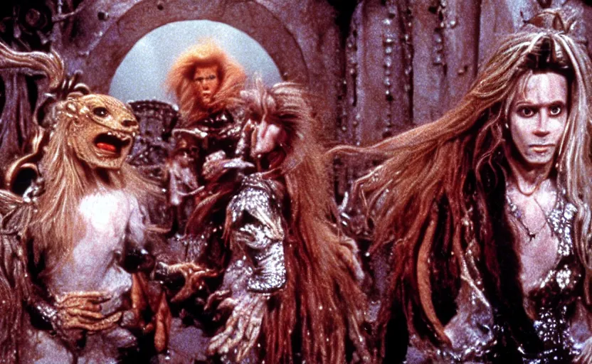 Image similar to movie still from the 1 9 8 8 sequel to labyrinth by jim henson's creature shop starring realistic practical - effects wondrous creatures and humanoid aliens in a maze - like steampunk fortress on the moon. fantasy adventure.