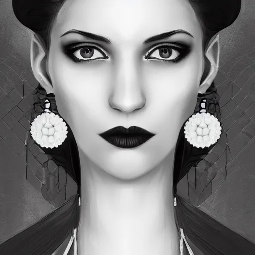 Prompt: digital art painting portrait of elegant gothic lady with earrings, black and white, block colours, hard edges, high quality, textured, by caestrad, cell shading, dark background, mystic, goddess, perfect lighting, high contrast, arstation, artgerm, wlop, 4 k