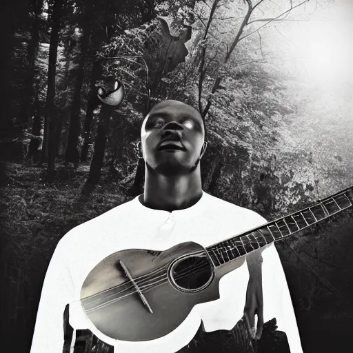 Image similar to double exposure black man, guitar and nature, by Christoffer Relander