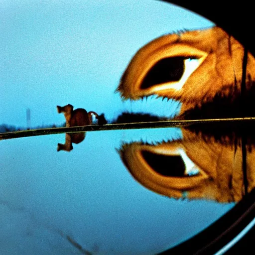 Prompt: National Geographic photograph, close up of lion's eye, seeing gazelle in reflection - 1989 photo of year 35mm