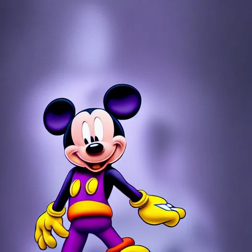 Prompt: Mickey Mouse with Thanos outfit and the infinity glove, full body portrait, cinematic, digital art, trending on artstation, illustration