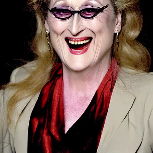 Prompt: evil vampire Meryl Streep with huge fangs