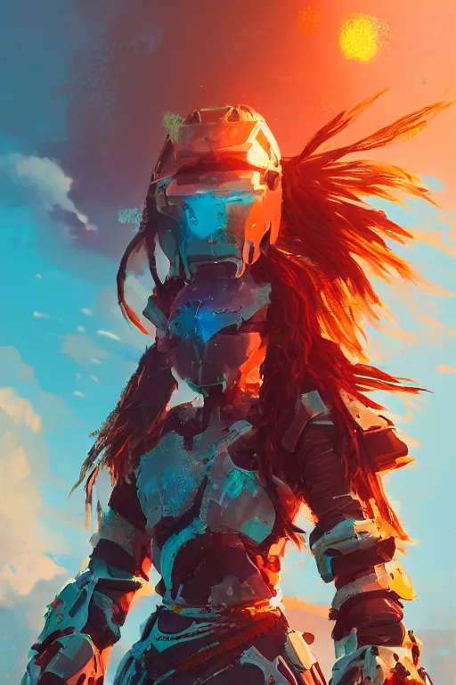 Image similar to combination suit armor aloy horizon forbidden west horizon zero dawn radiating a glowing aura global illumination ray tracing hdr fanart arstation by ian pesty and alena aenami artworks in 4 k tribal robot ninja mask helmet backpack