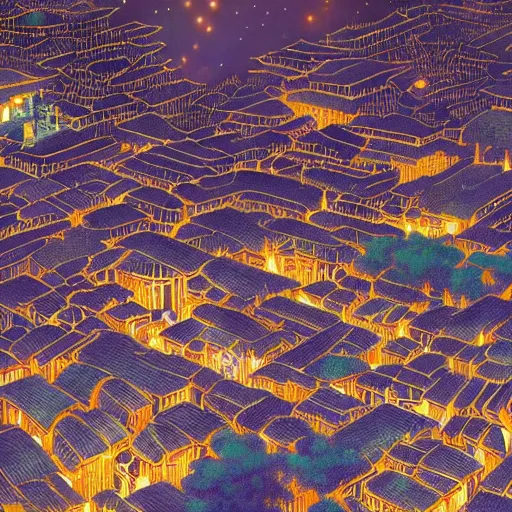 Prompt: A beautiful painting of the Ancient city in China at night by Victo Ngai, Hyakki Yako, effect, unreal engine, Trending on artstation，super wide view、Overhead view