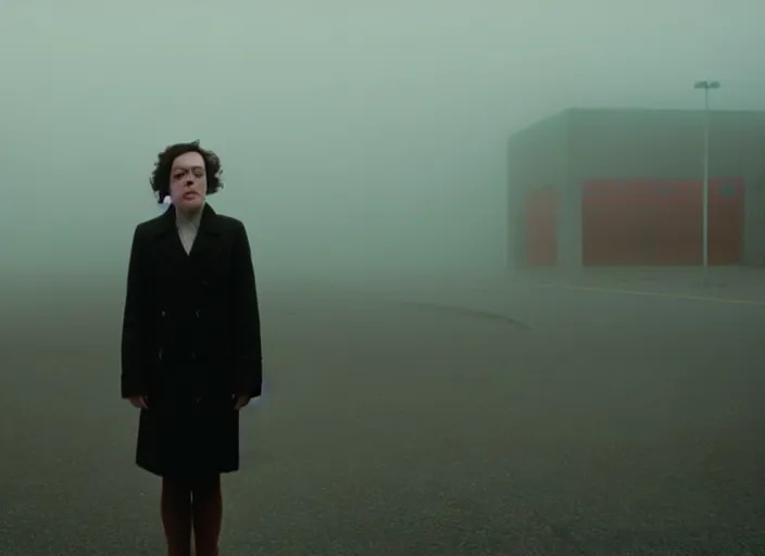 Prompt: cinematic screenshot high wide angle shot of olivia coleman standing outside in a foggy desolate eerie department store empty parking lot, one car, paranoia everywhere, scene from the tense thriller film directed by spike jonze, detailed portrait photo, volumetric hazy lighting, anamorphic lens, moody cinematography, 3 5 mm kodak color ektochrome