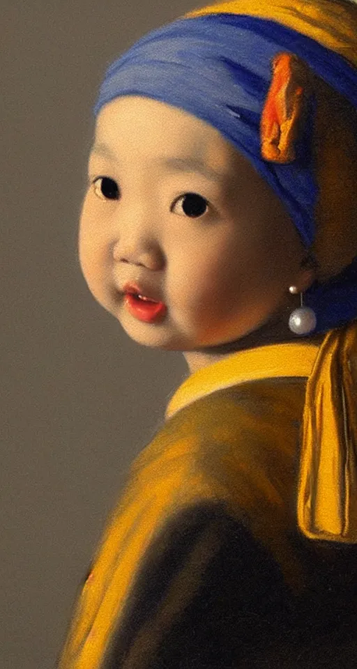 Prompt: A portrait of a lovely Asian baby girl imitating Girl with a Pearl Earring, realistic detailed oil painting, dark background, 4k,