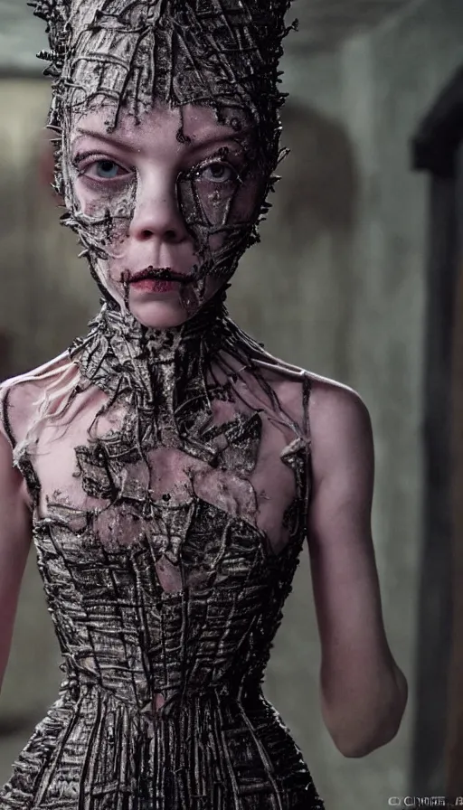 Prompt: dressed anya taylor - joy as pinhead, symmetrical, cinematic, elegant, dark, real photography, costume made by clive barker, 4 k, ultra hd, sense of awe