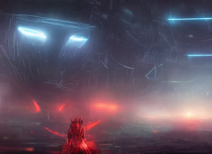 Image similar to large android like creature appearing through the fog which half covers a futuristic city. explosions, ultra wide angle, panoramic, colourful painting, detailed art by stephen martiniere, 8 k resolution