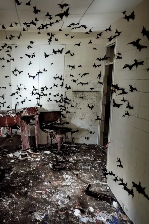 Prompt: A photo of bats flying in an abandoned hospital room, some blood on the walls and trash on the floor