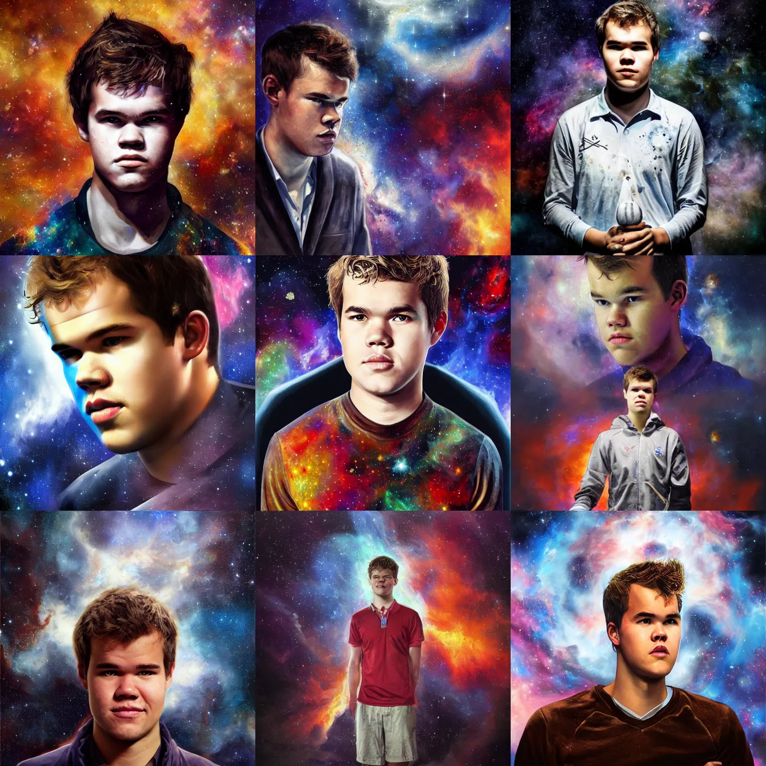 Prompt: portrait of Magnus Carlsen in the space with nebulae, realistic painting, classical painting, high definition, digital art, dramatic lighting, matte painting, very detailed, realistic