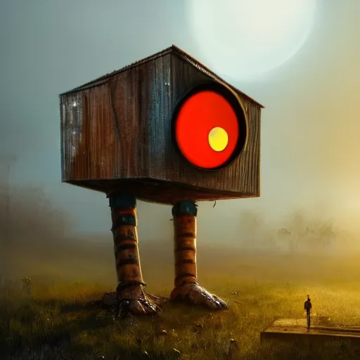 Image similar to a walking wood and metal house with two mechanical legs and two glowing eyes, rust, hyperrealistic, pareidolia, highly detailed, cinematic, single ray of sun, morning, fog, city in background, beautiful, cgssociety, artstation, 8 k, oil painting, digital art