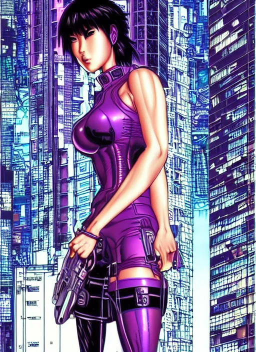 Image similar to motoko kusanagi in grungy cyberpunk megacity, intricate and finely detailed, cyberpunk vaporwave, portrait by j scott campbell