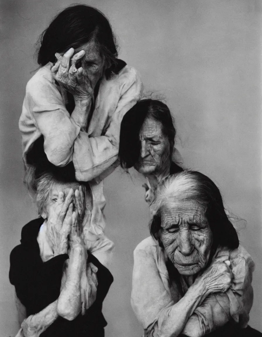 Prompt: Portrait of crying elderly woman, nuclear mushroom cloud in the background, black and white photography by Annie Leibovitz and Dorothea Lange