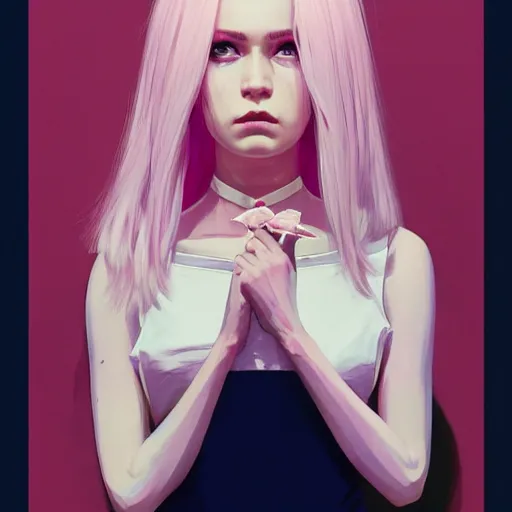 Image similar to half - voidcore symmetrical woman with cute - fine - face, pretty face, white and pink hair, realistic shaded perfect face, extremely fine details, by realistic shaded lighting, dynamic background, poster by ilya kuvshinov katsuhiro otomo, magali villeneuve, artgerm, jeremy lipkin and michael garmash and rob rey, pascal blanche, riot games