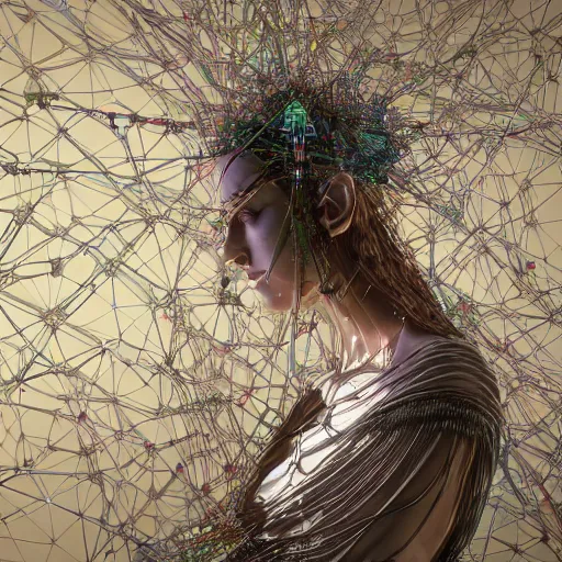 Image similar to tapping in to something greater, piles of modular synth cables, goddess laying down wearing a headpiece made of circuit boards, by cameron gray, wlop, stanley kubrick, masamune, hideki anno, unique perspective, trending on artstation, 3 d render, vivid