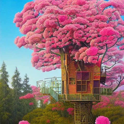 Image similar to a surreal painting of a tree house surrounded by pink flowers, a surrealist painting by jeffrey smith, trending on cgsociety, psychedelic art, psychedelic, surrealist, biomorphic