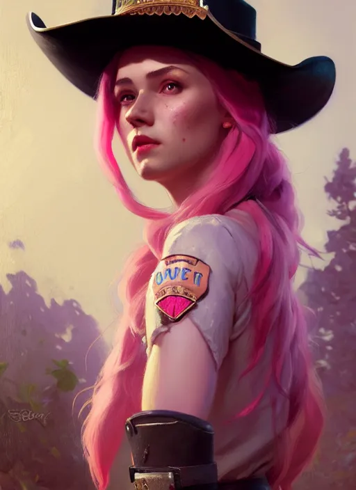 Image similar to female sheriff, beautiful girl, full body, pink hair, cowboy hat, realistic, serov, surikov, vasnetsov, repin, kramskoi, insanely detailed, charlie bowater, tom bagshaw, high resolution, octane rendered, unreal engine, illustration, trending on artstation, masterpiece, 8 k