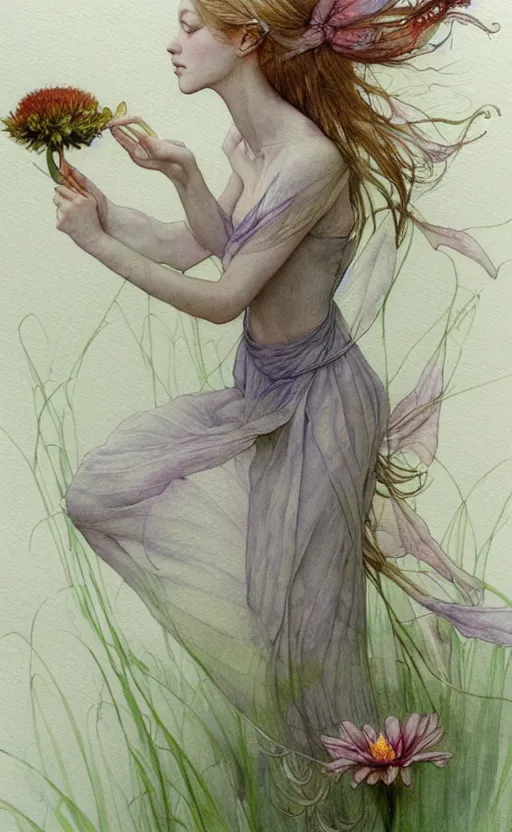 Prompt: study of a flower fairy, illustration, watercolor, alan lee, detailed, pretty, ethereal, realistic, artstation,