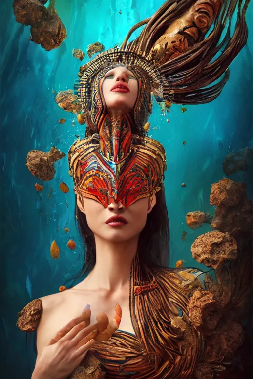 Image similar to a centered full body render of an alluring goddess wearing a tribal mask surrounded by a underwater ink pour and flowing liquid galiumand sacread geometry, perfect face, powerful, cinematic, beautifully lit, by artgerm, by karol bak, by viktoria gavrilenko, 3 d, trending on artstation, octane render, 8 k