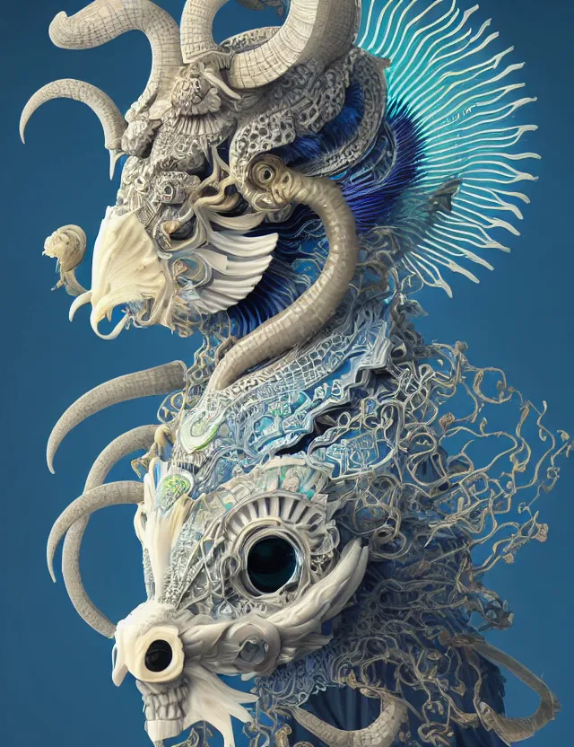 Image similar to 3 d goddess close - up profile solarpunk portrait ram skull. beautiful intricately detailed japanese crow kitsune mask and clasical japanese kimono. betta fish, jellyfish phoenix, bio luminescent, plasma, ice, water, wind, creature, artwork by tooth wu and wlop and beeple and greg rutkowski