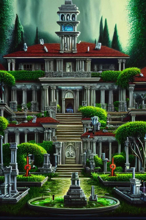 Image similar to a highly detailed painting of a haunted mansion with gardens and fountains surrounded by a cemetery, 1 9 8 0 s science fiction, 1 9 7 0 s science fiction, alien 1 9 7 9, cyberpunk, 3 d oil painting, depth perception, 4 k, artstation