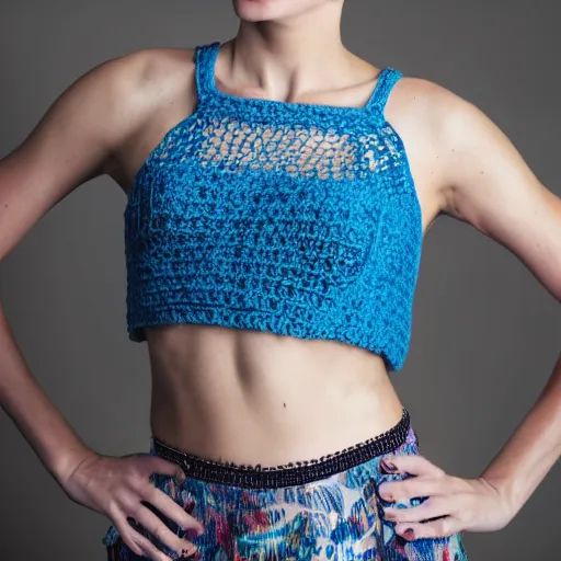 Prompt: a photo of a Caucasian female model with blue hair wearing a crocheted croptop