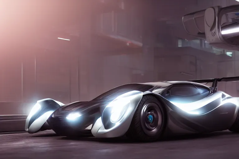 Image similar to cyberpunk concept inspired car, futuristic look, highly detailed body, aerodynamic body, photorealistic camera shot, bright studio setting, studio lighting, crisp quality and light reflections, unreal engine 5 quality render