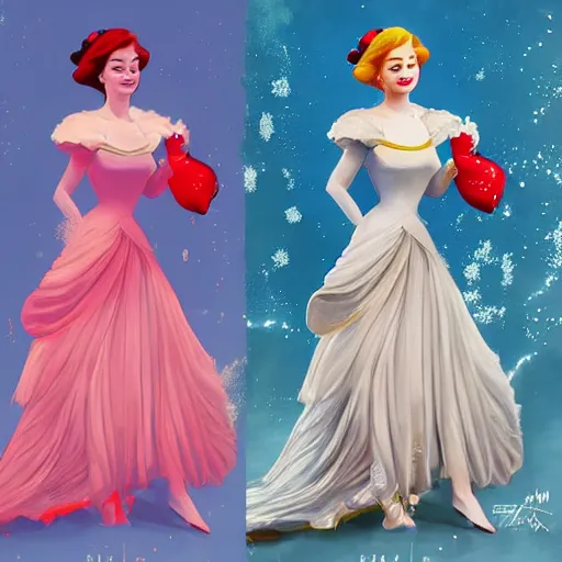 Image similar to Full body digital painting of Emma Stone as a Disney princess wearing snow white's dress, Pixar style, professional studio lightening, volumetric lightening, photorealism by Tristan Eaton Stanley Artgerm and Tom Bagshaw