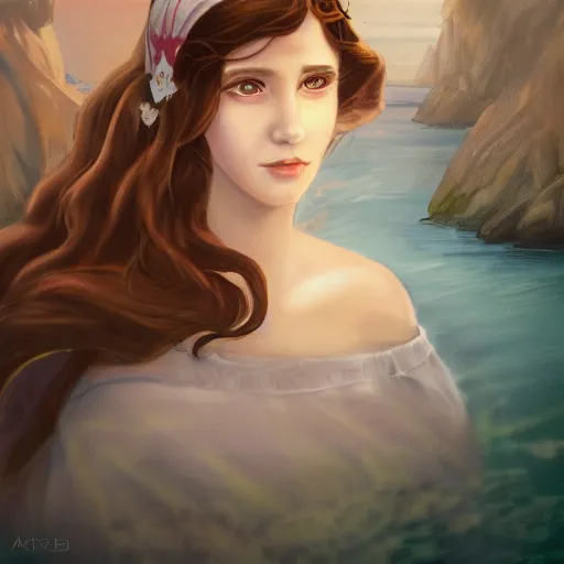 Prompt: it was many and many a year ago, in a kingdom by the sea, that a maiden there lived whom you may know by the name of annabel lee ; and this maiden she lived with no other thought than to love and be loved by me., trending on artstation