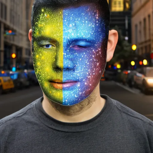 Image similar to an 8 k hi res photo of a man in a mirror full face mask paints a galaxy on a busy ny street