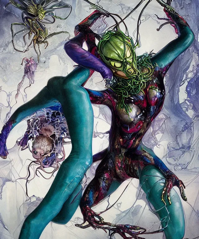 Prompt: a portrait photograph of spider gwen as a mutated harpy super villian with slimy amphibian blue skin. she is wearing a colorful living organic infected catsuit with tendrils and slime. by donato giancola, hans holbein, walton ford, gaston bussiere, peter mohrbacher and brian froud. 8 k, cgsociety, fashion editorial