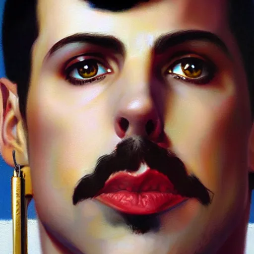 Image similar to of an ultradetailed beautiful portrait panting of freddie mercury, front view, oil painting, by ilya kuvshinov, greg rutkowski and makoto shinkai