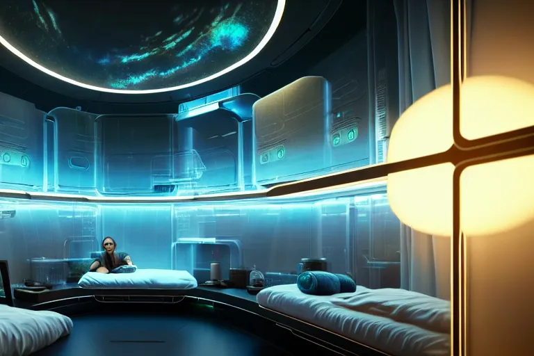 Prompt: very wide cinematic shot inside a scifi epic scale capsule hotel as ikea ad, modern lush condo as shopfront with terrarium lounge area, cathedral ceiling with holographic sky art ceiling, detailed archviz render, archdaily, scifi artstation concept, comfy lighting, star citizen, fine details, unreal engine, hyperrealism, realistic shading, blender render