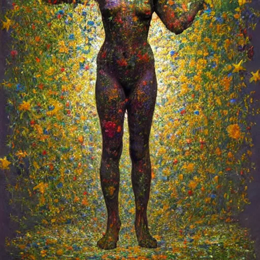 Image similar to a full body sculpture portrait made of stars and dust and flowers and plants, painting part by wojciech siudmak, part by ilya repin, part by max ernst, part by norman rockwell, artstation