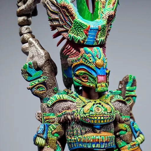 Prompt: Diorama of Aztec god Quetzalcoatl, intricate detail, macro 50 mm