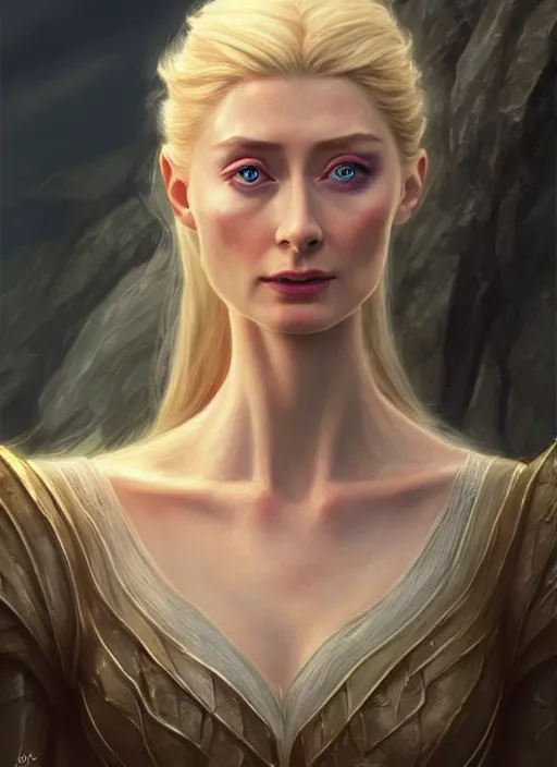 Image similar to beautiful radiant elizabeth debicki as galadriel, lord of the rings, lotr fanart, trending on artstation, character art, the hobbit, digital painting, concept art, smooth, sharp focus, illustration, art by artgerm and greg rutkowski, directed by peter jackson,