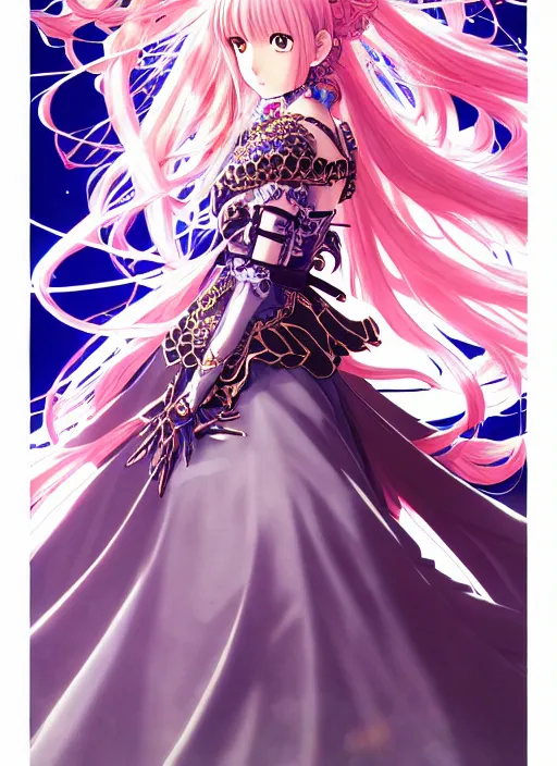 Image similar to fate manga poster design of princess, armor, long wavy hair, rococo ruffles dress, by shigenori soejima, minaba hideo, katsuhiro otomo, jump comics, fluorescent, illustration, artstation, dark fantastic, highly detailed, 8 k, maximalist